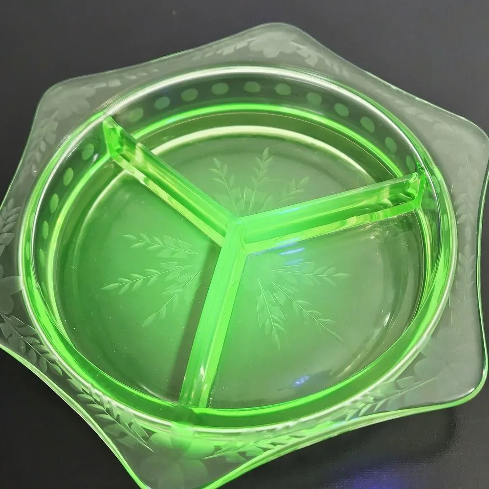 Vtg Green Uranium Vaseline Glass 3 Part Serving Dish Jewelry organizer Trinket